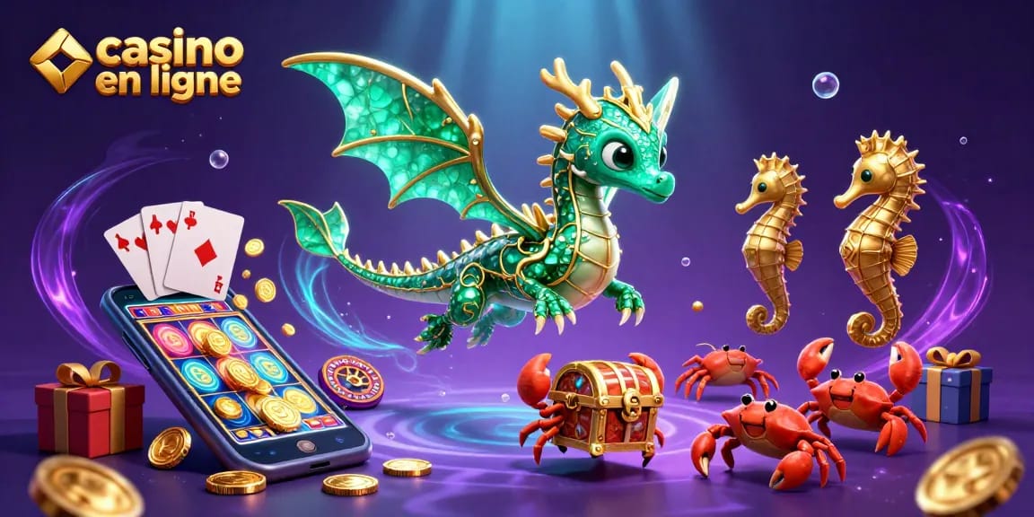 Découvrez une illustration captivante de casino en ligne avec un dragon et des éléments de jeu.