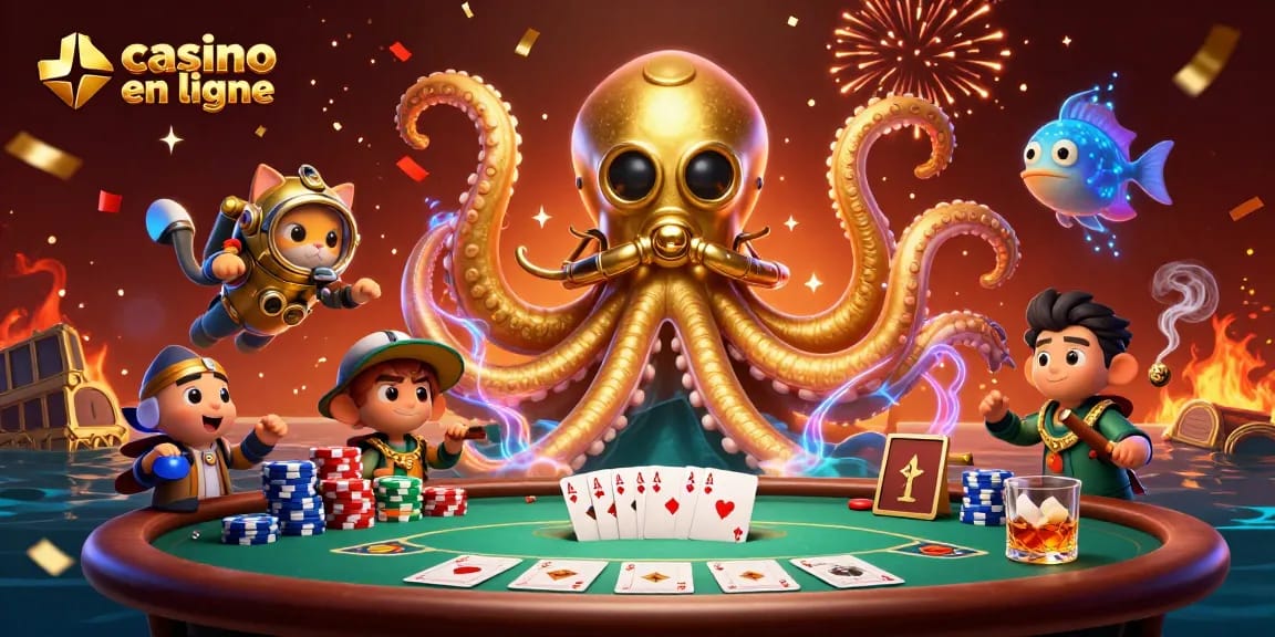 Jouer au casino en ligne avec un kraken et un chat plongeur dans une scène festive.