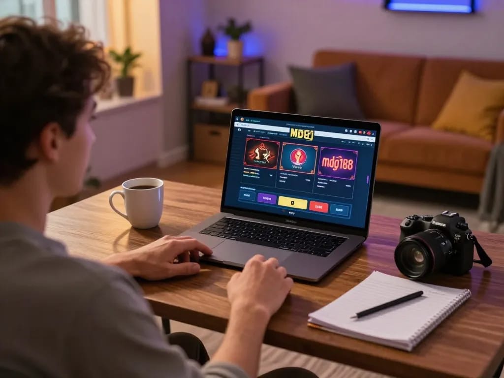 Player engaging with mdg188 online casino interface from a home gaming setup, emphasizing casual gambling.