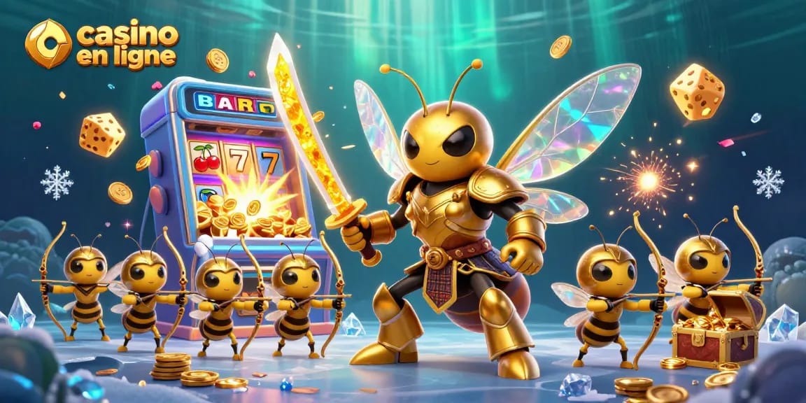 Découvrez une scène vibrante de jeu de casino en ligne avec un frelon géant et beaucoup d'or.