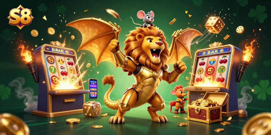 Experience thrilling wins at S8 with a dynamic 3D scene showcasing a victorious golden chimera surrounded by casino excitement.