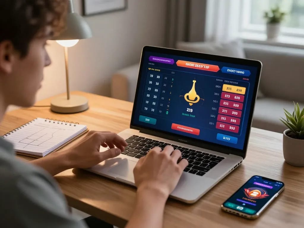 ku88 user placing vibrant sports bets on a laptop in a modern home office