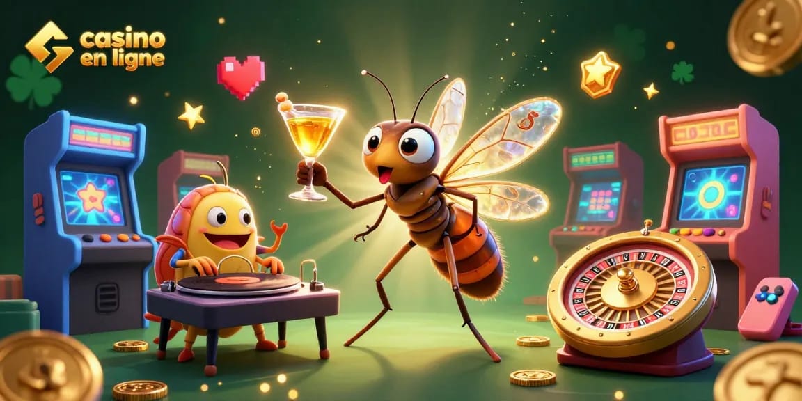 Faites l'expérience de l'excitation du casino en ligne avec une illustration captivante de mascottes de jeux.