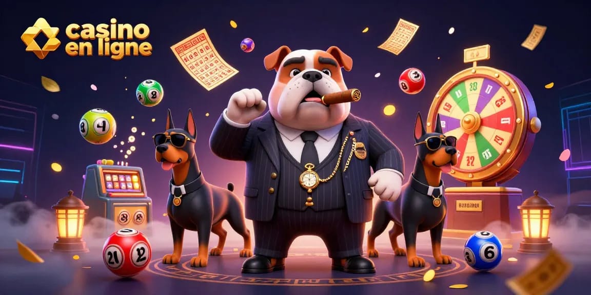 Illustration dynamique de casino en ligne avec un bulldog mafieux et des éléments de jeu colorés.