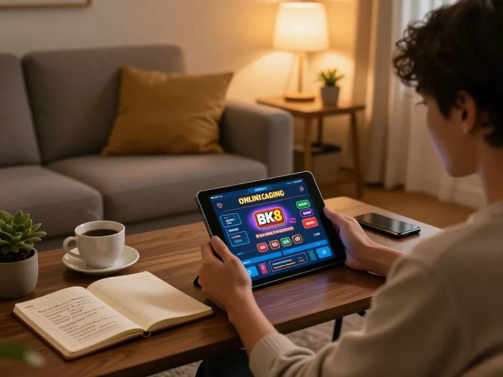 Engaging in BK8 online casino gaming on a tablet in a cozy home setting with warm lighting.