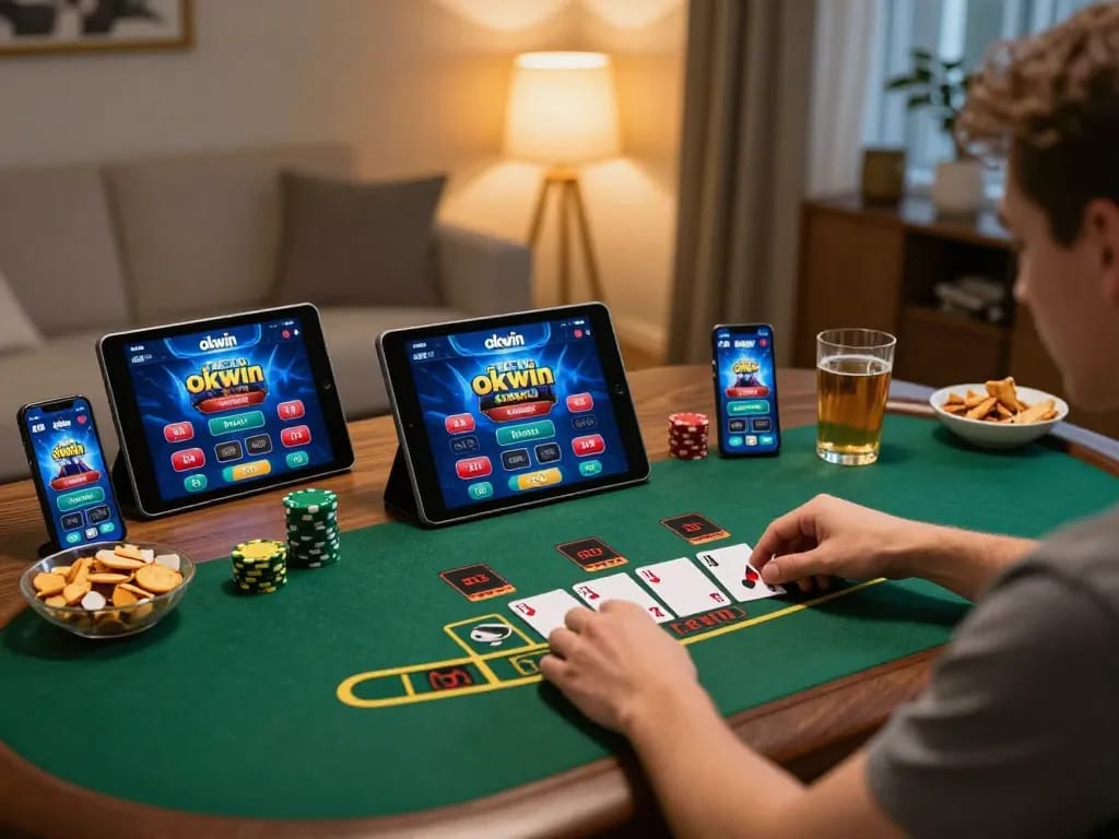 Players engaging with the okwin app in a cozy home setting, showcasing dynamic online gambling experience.