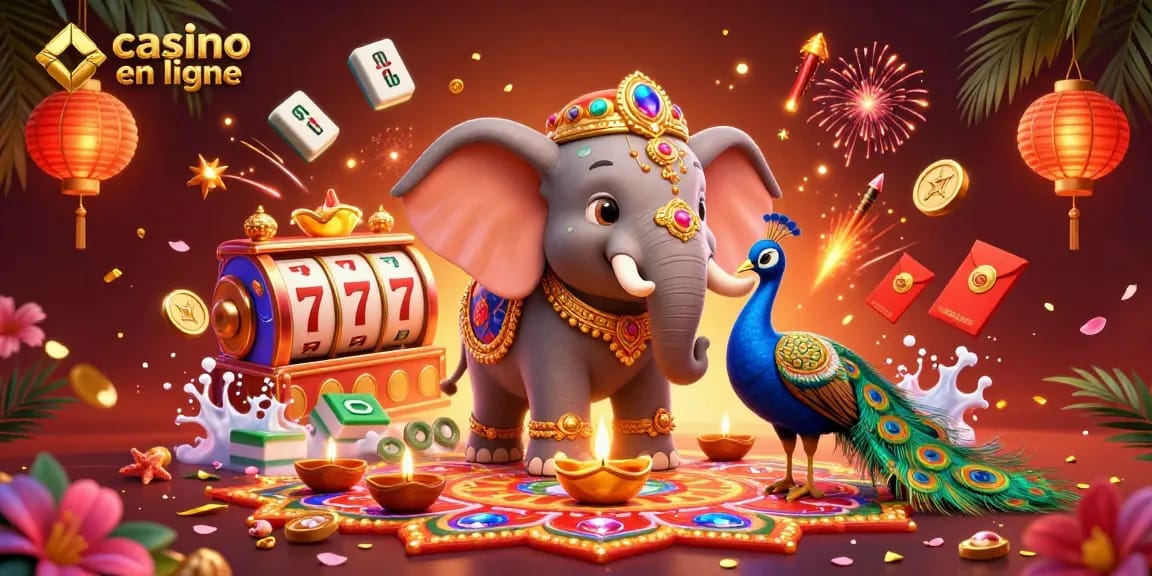 Des personnages de casino en ligne, un éléphant coloré et un paon, s'éclatent au milieu des jeux.