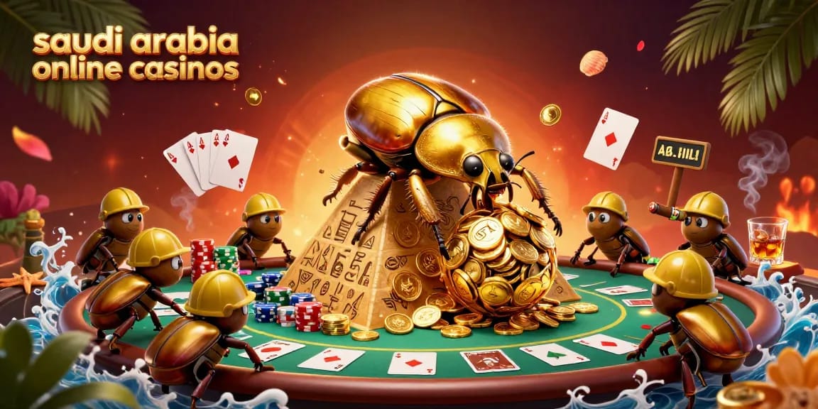 Experience thrills at saudi arabia online casinos with this vibrant 3D casino scene featuring beetles and poker.