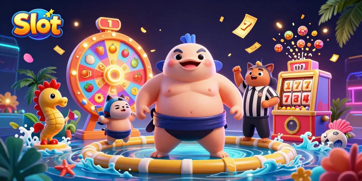 Slot menarik dengan ikan fugu raksasa dan simbol buah dalam adegan kasino yang ceria.