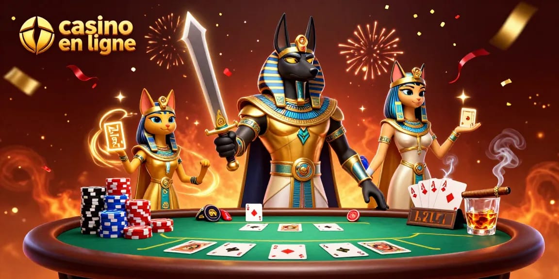 Jouez au casino en ligne avec Anubis et Bastet, entourés de jetons de poker et de cartes.