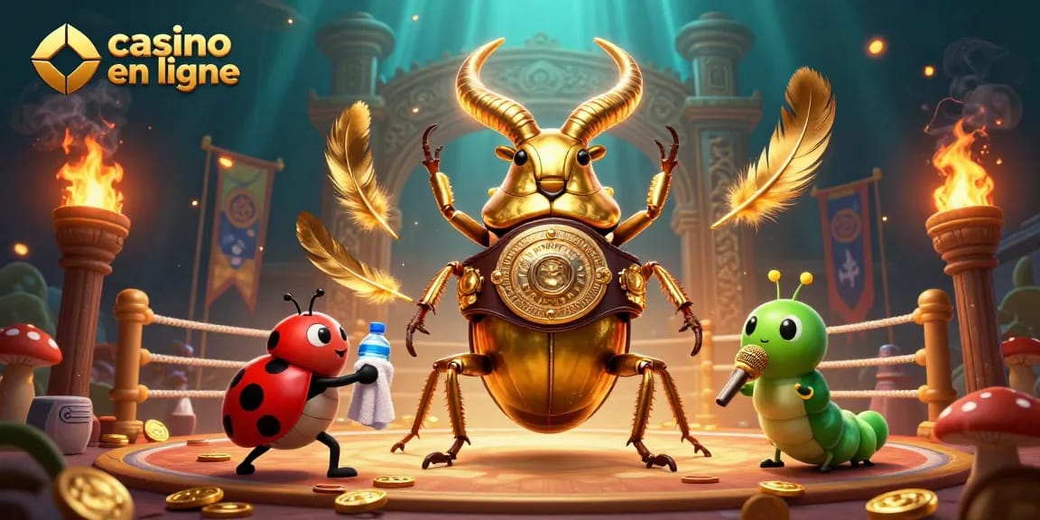 Vibrante illustration de jeu de casino en ligne mettant en scène un scarabée géant et une coccinelle.