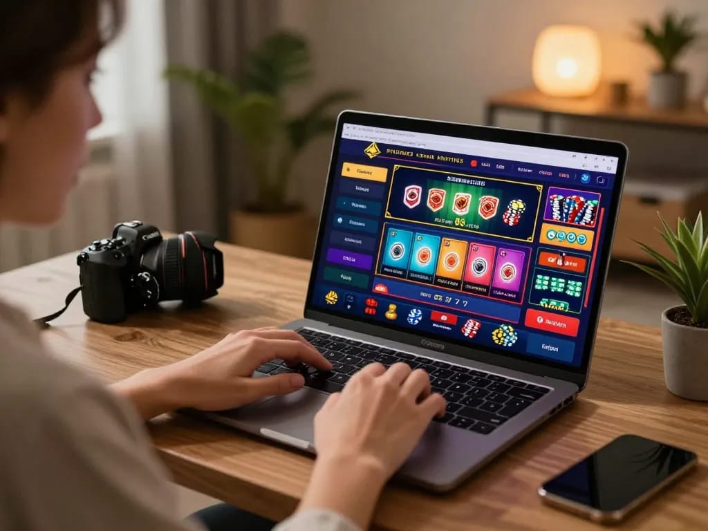 Player exploring O8 online casino platform on a laptop, showcasing exciting gameplay and user-friendly interface