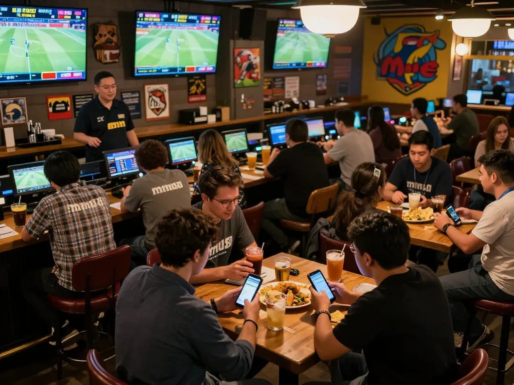 Engaged bettors explore mm88's live sports betting options in a lively atmosphere.