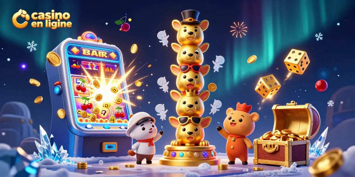 Visualisez la joie au casino en ligne avec un totem polaire 3D et un jackpot éclatant.