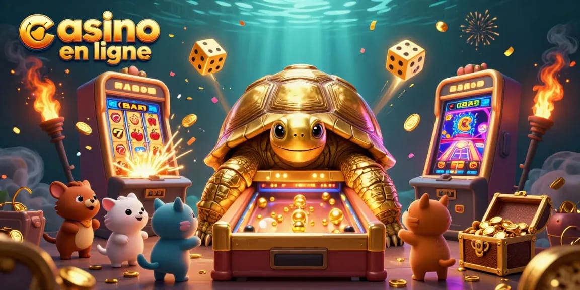 Rejoignez le casino en ligne avec une tortue d'or géante jouant au flipper.