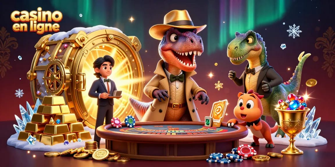 Le velociraptor card counter et le boss au casino en ligne surveillent un compy subtilisant des jetons.