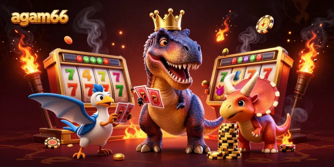 Experience the excitement of gambling with AGAM66's dynamic 3D scene featuring card games and golden chips.
