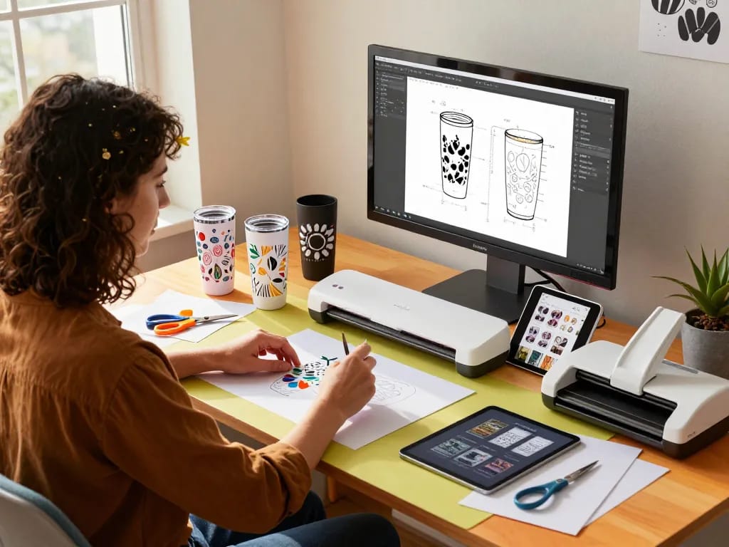 Vibrant designer working on tumbler designs using SVG bundle files for Cricut.