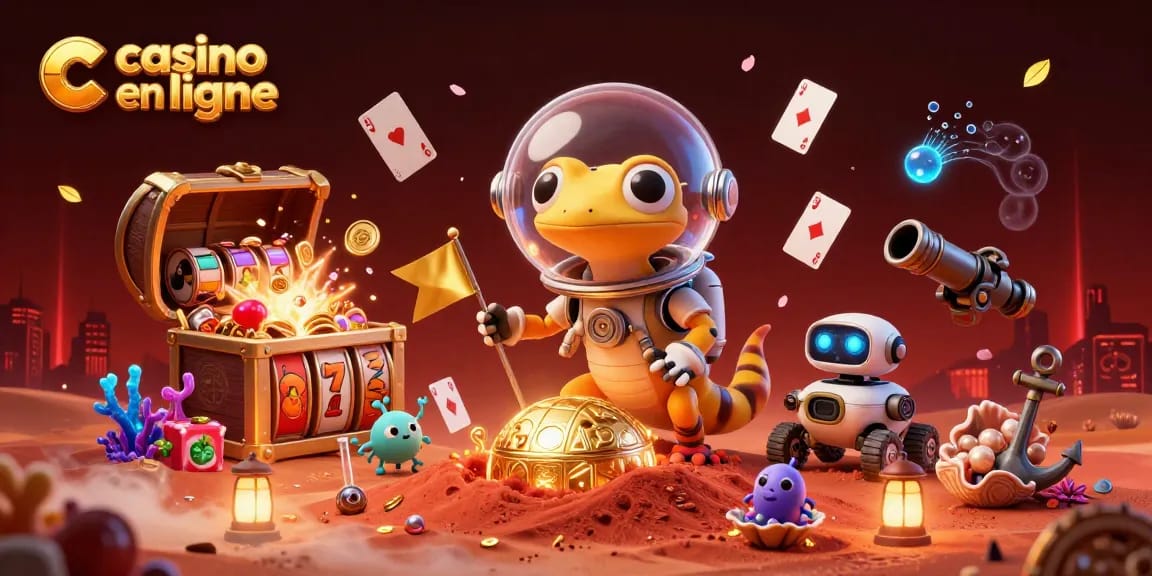 Illustration dynamique de casino en ligne avec un gecko martien découvrant un casino en or sur Mars.