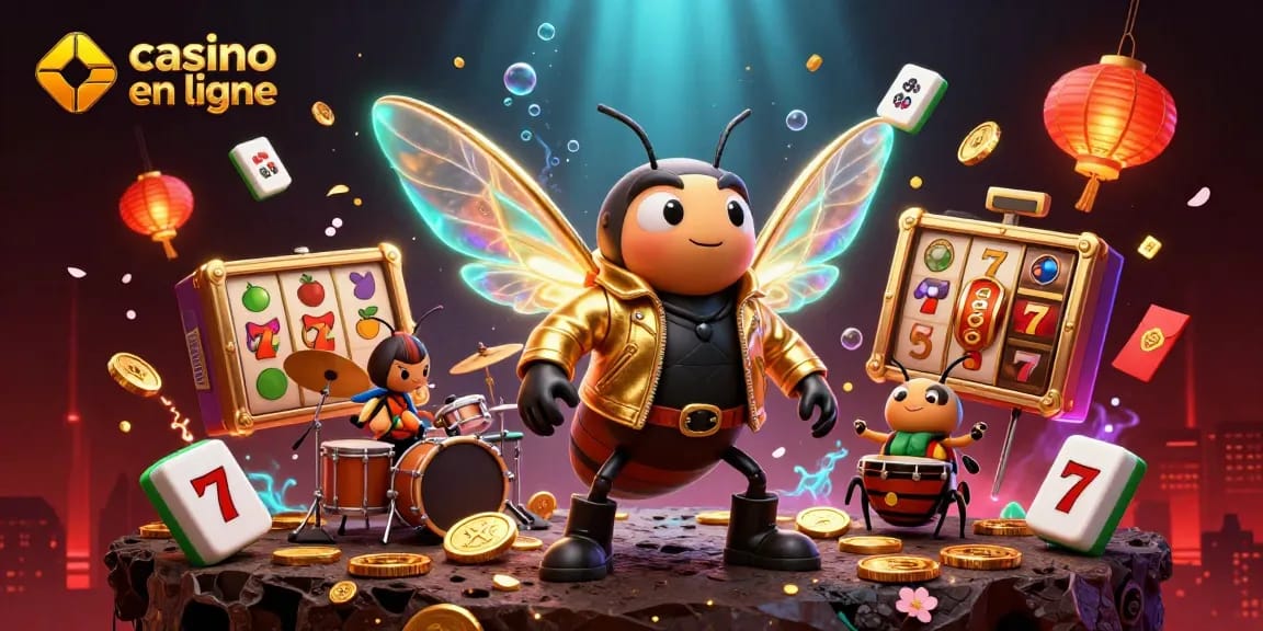 Profitez d'une scène animée de casino en ligne avec une rock star et des éléments de jeu dynamiques.