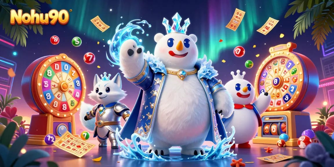 Nohu90 engages players with energetic slot gaming, colorful lottery elements, and 3D characters in a vibrant scene.