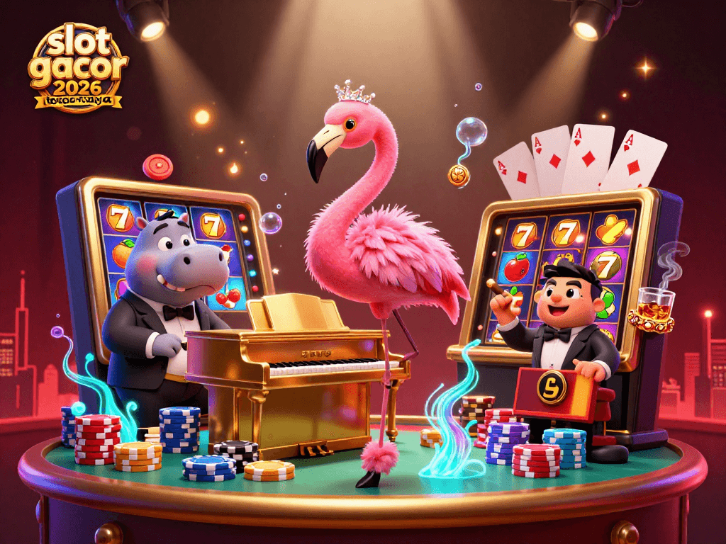 Slot gacor 2026 terpercaya ditampilkan dengan penyanyi flamingo dan hippo di kasino yang megah.