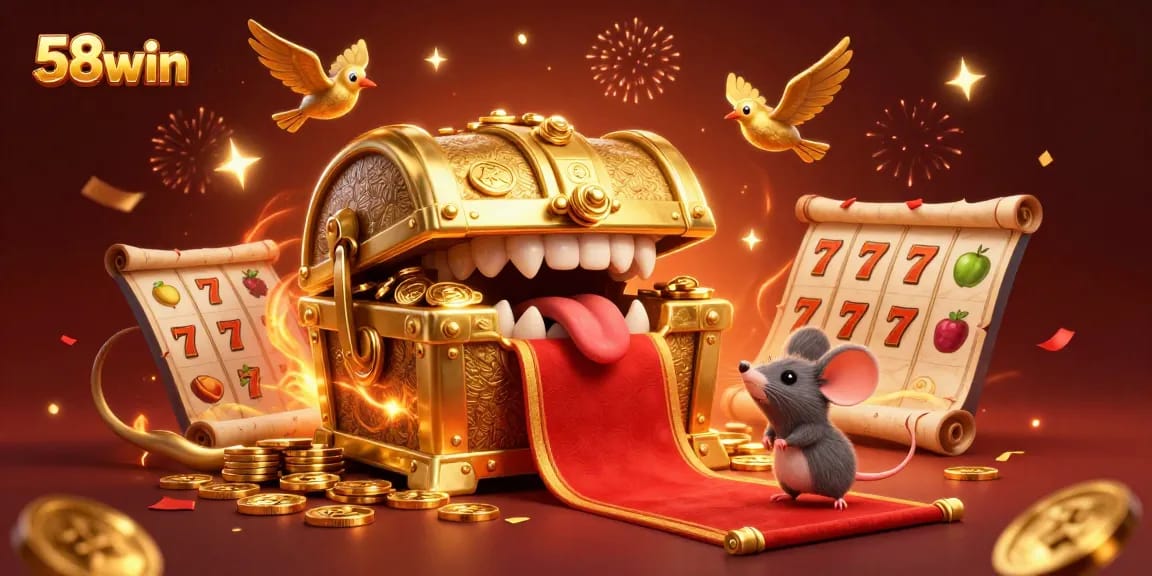 Engage with thrilling 58win slots, featuring a golden treasure chest and exciting game elements.