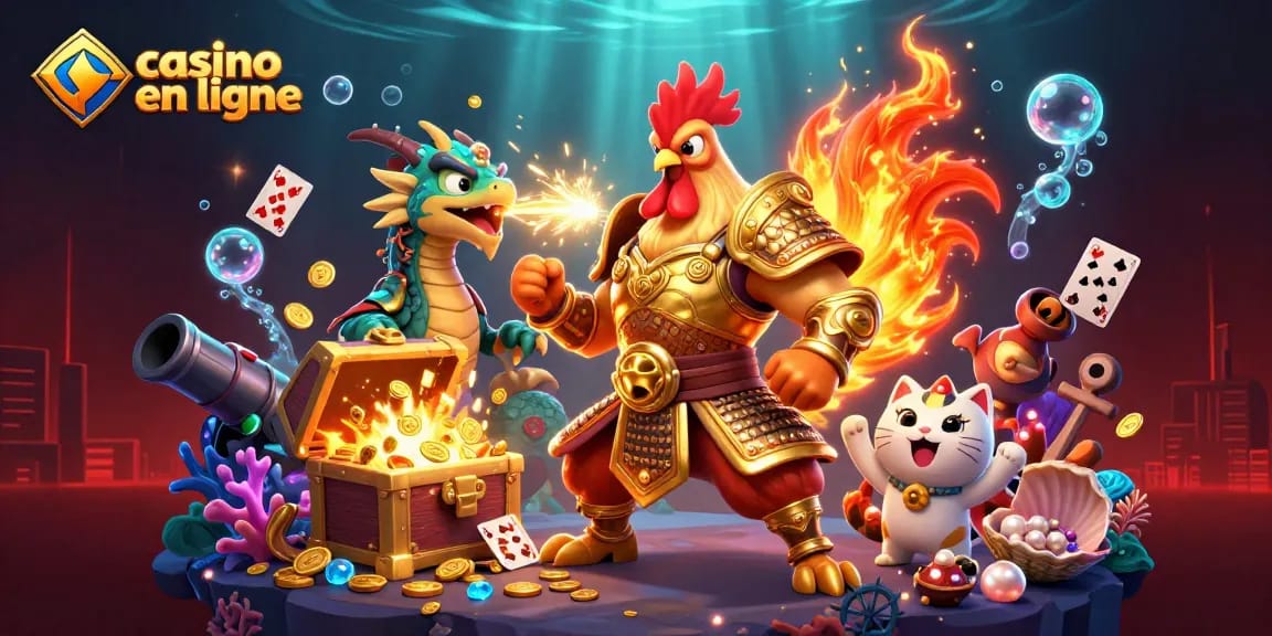 Casino en ligne : combattez pour des gains avec ce guerrier et dragon, entourés de trésors.