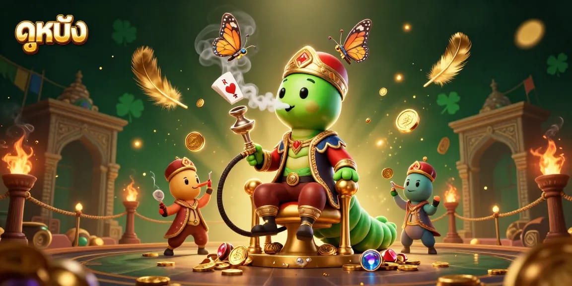 Experience exciting ดูหนัง moments with a vibrant scene featuring a hookah-master amidst gambling symbols.