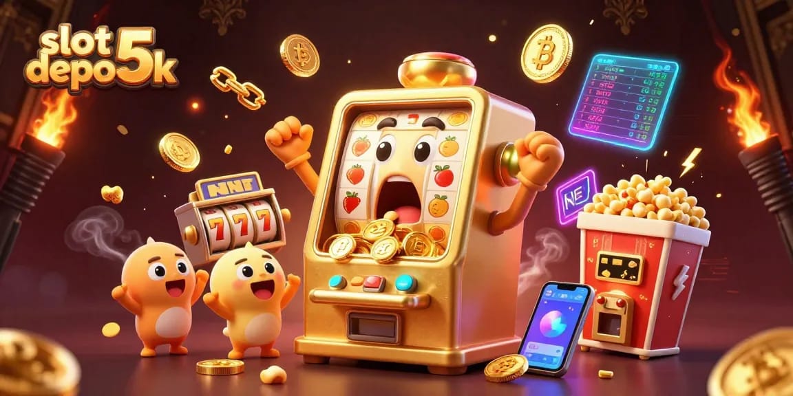 Menangkan jackpot di slot depo 5k dengan mesin slot berwarna emas dan koin berpendar.