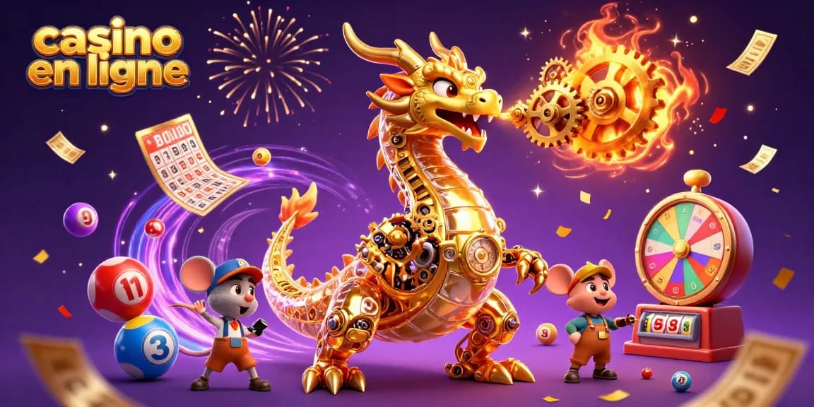Jouez au casino en ligne avec un dragon mécanique et des éléments de loterie colorés