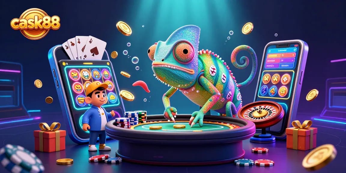 Cask88 showcases an engaging scene with a chameleon casino owner attracting players and golden coins in a vibrant digital illustration.