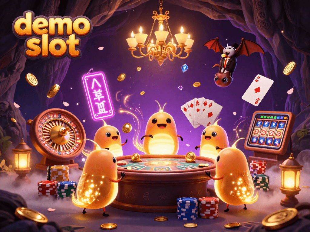 Menampilkan demo slot dengan tim glowworms menerangi kasino gua dan memancarkan koin emas.