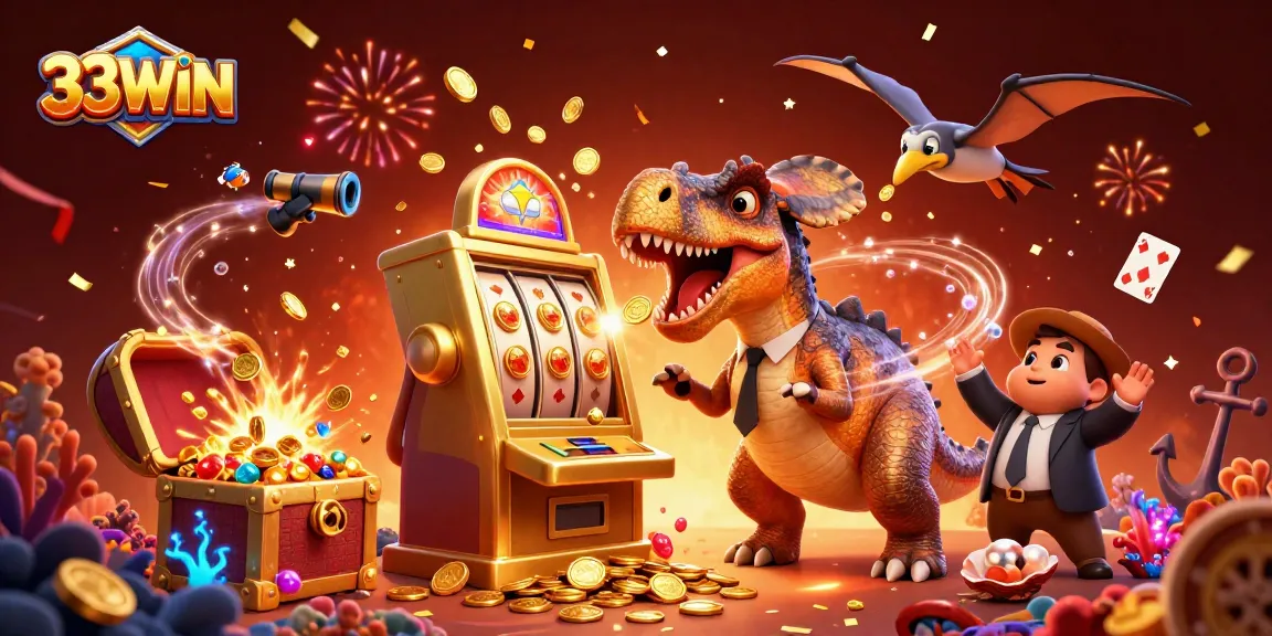 33WIN's energetic casino scene illustrates a cartoon dinosaur winning big at slots amidst flying coins.