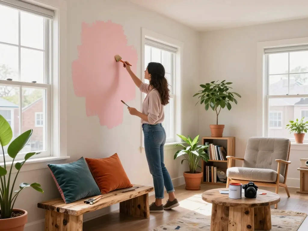 Renovating a townhouse: designer painting walls, arranging reclaimed wood furniture, and creating a cozy atmosphere with plants and natural light.