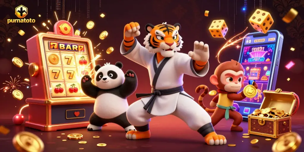 Membangkitkan keseruan bermain purnatoto dengan tigerman kungfu, panda, dan monyet dalam suasana kasino penuh aktivitas.