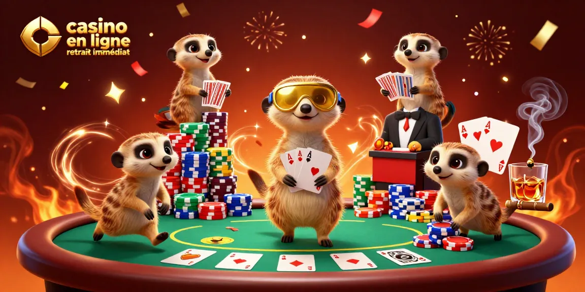 Jouer à casino en ligne retrait immédiat avec des suricates gérant un casino animé en 3D, cartes et jetons inclus.