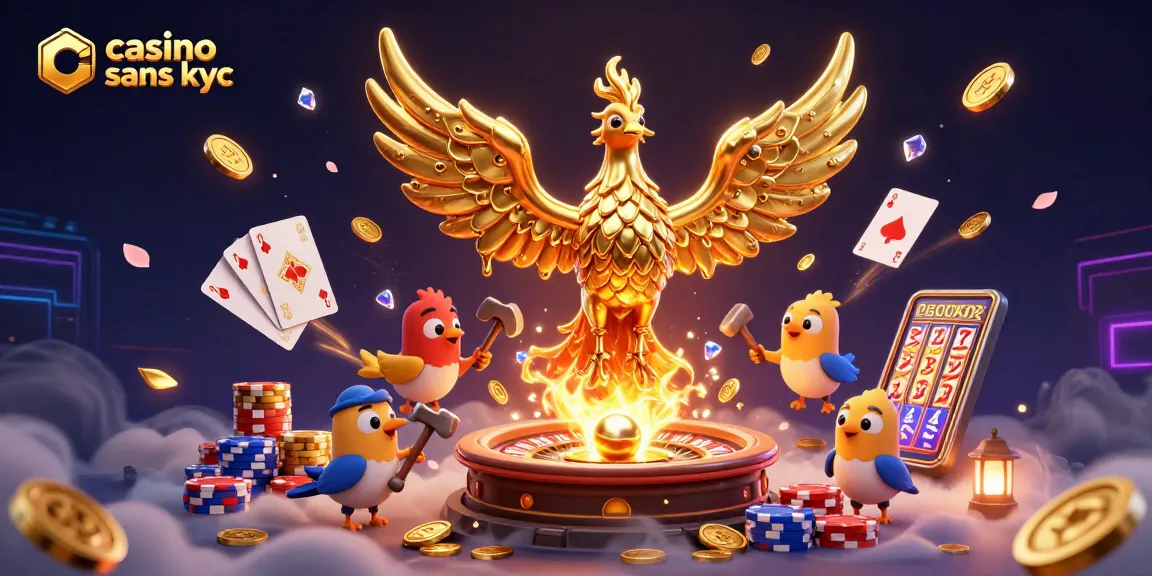 Jouez au casino sans KYC Bitcoin, avec un phœnix doré et des éléments de jeu animés.