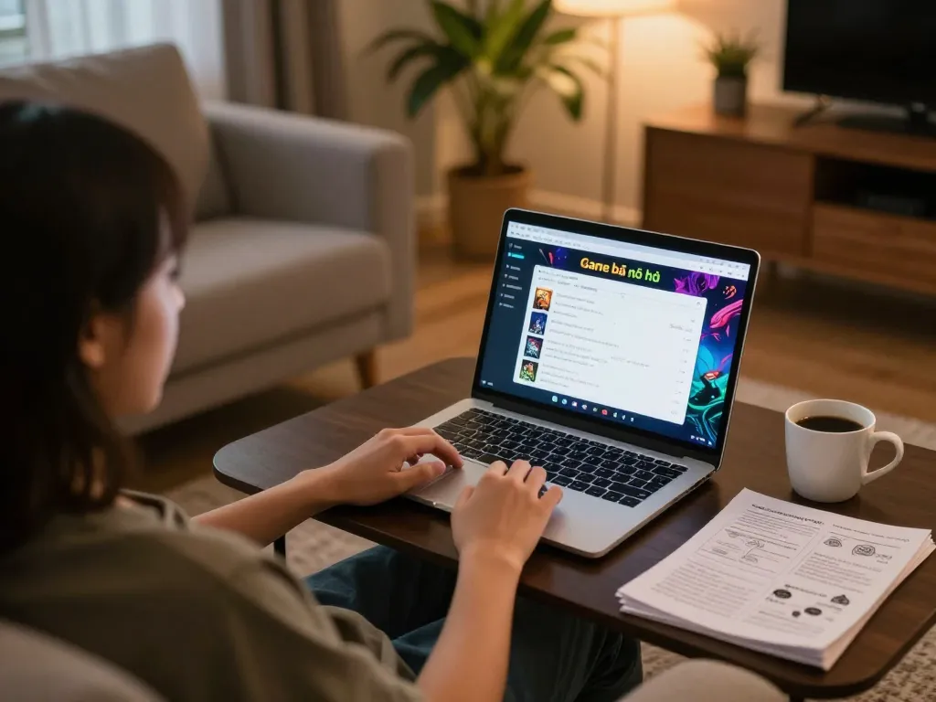 Engaging scene of a player enjoying Game bài nổ hũ on a laptop in a cozy home setup.