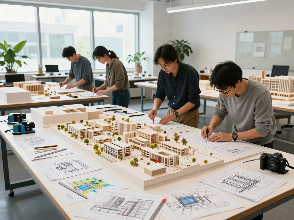 Architectural model maker Denmark creating detailed city planning models in modern studio.