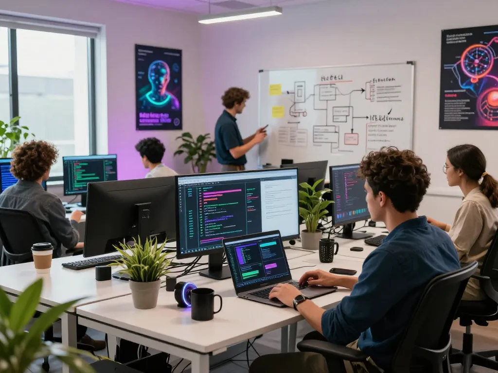 Developers collaborating on AI sex application in modern workspace.