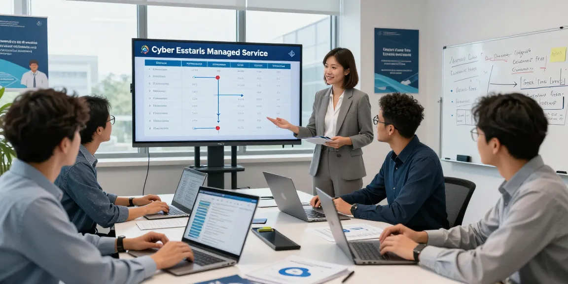 Cyber essentials managed service team collaboratively reviewing compliance requirements in a modern office setup