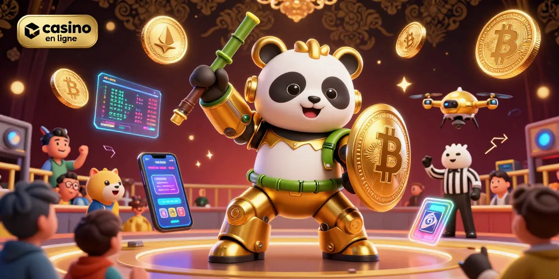 Plongez dans l'univers vibrant du casino en ligne avec un panda doré et une scène animée.