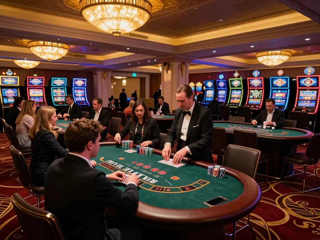 Players enjoying a thrilling blackjack game at fc88 casino, with vibrant ambiance and engaged participants.