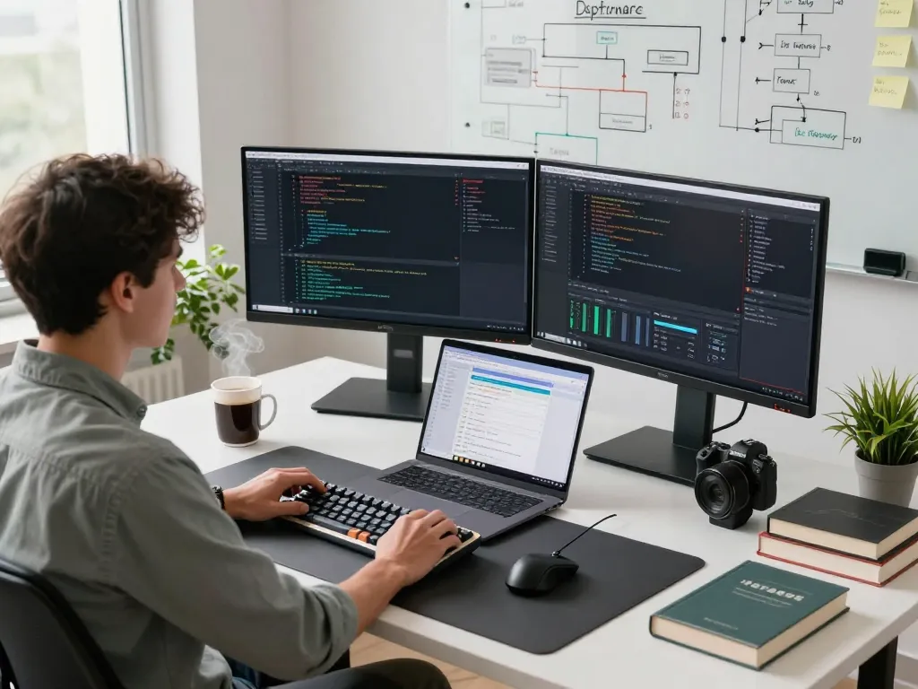 Developer using openclawd on dual monitors in a modern office