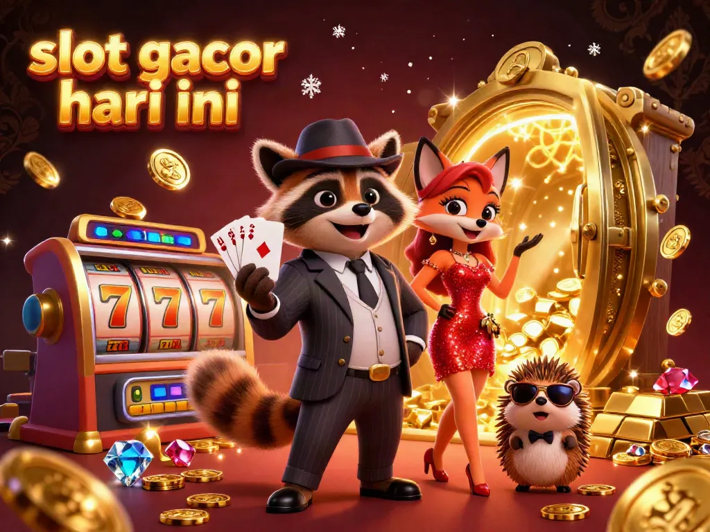 Experience slot gacor hari ini with a dynamic casino scene filled with vibrant slot reels and gold coins.