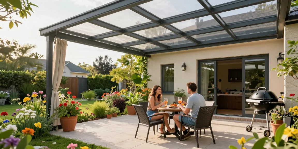 Moderne Terrassenüberdachungen im Garten mit Paar, das die Sonne genießt