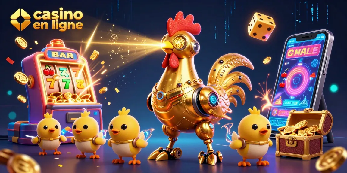 Un robot coq doré futuriste et des drones suivis dans un casino en ligne dynamique rempli de jackpots.