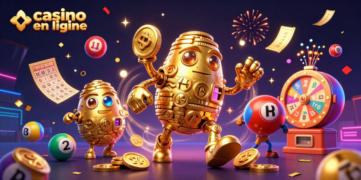 Jouer sur un casino en ligne avec un golem en or entouré de éléments de loterie dynamiques.