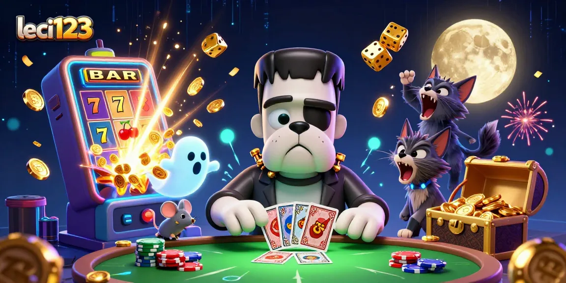 Engage with leci123 as the bulldog monster deals cards at a vibrant casino table bursting with gold.